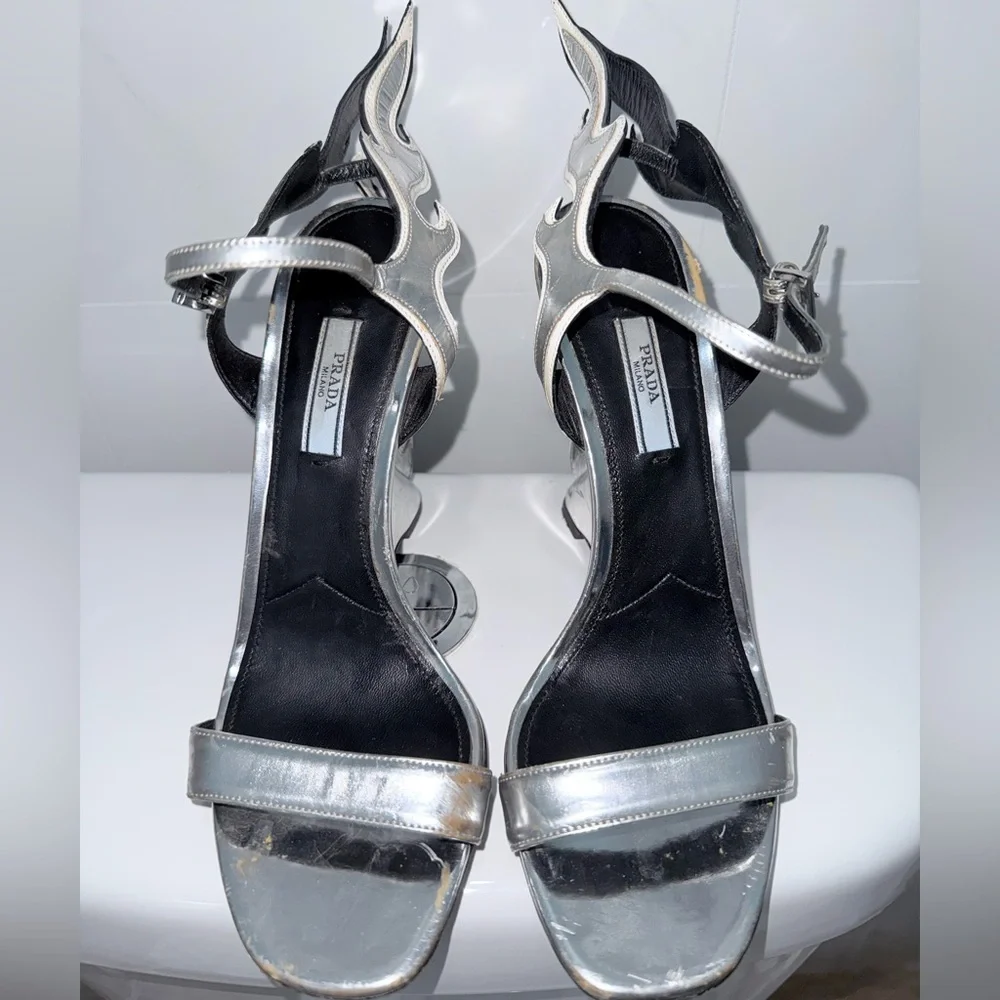 Prada Silver and Black Flame Wedge Sandals Shoes Vintage Y2K 90s Size 39